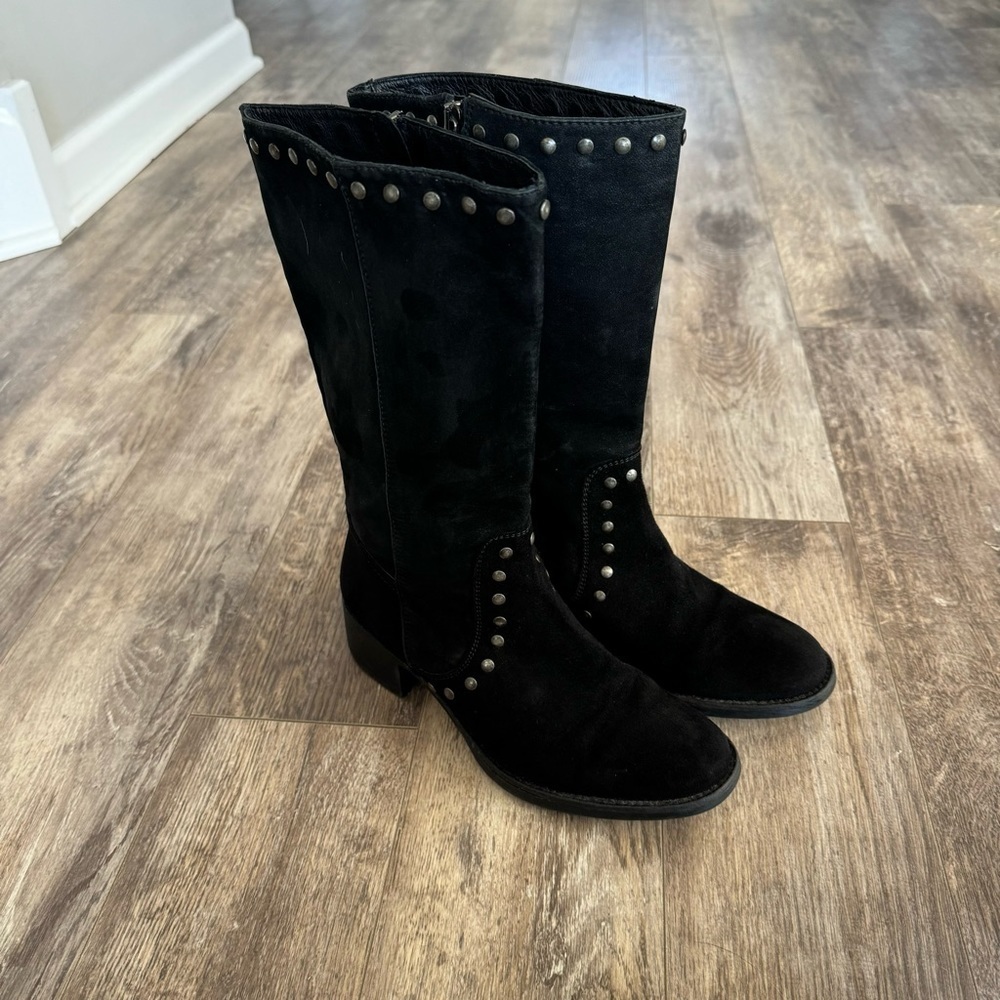 Vera Wang Lavender Label Suede Studded Almond Toe Calf Length Block Heel Boots